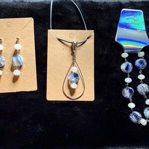 Blue Swirl Glass Bead Necklace, Bracelet and Earrings Set